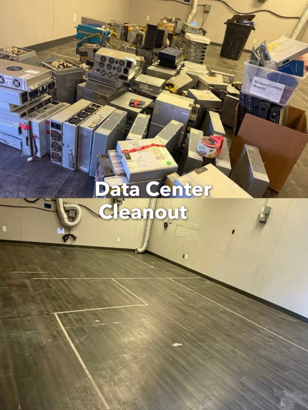 Commercial data center cleanout before and after equipment removal