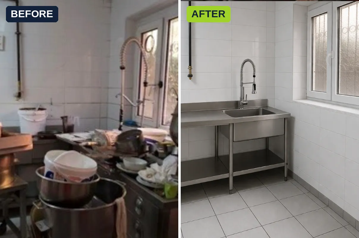 Restaurant kitchen equipment cleanout before and after
