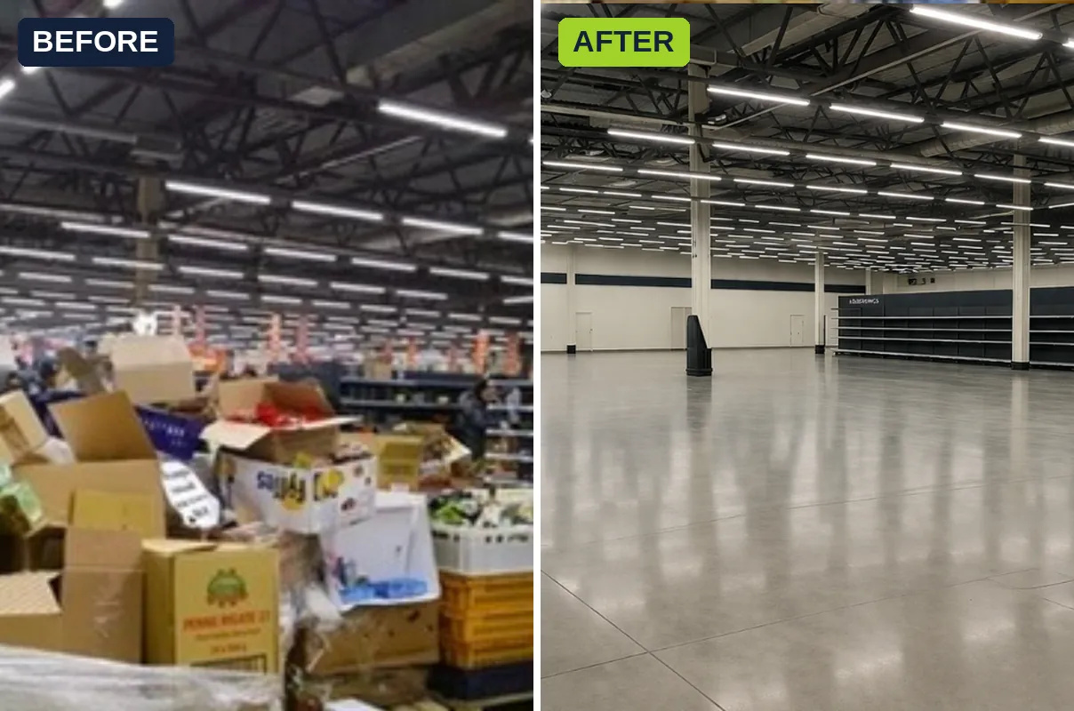 Retail stock and cardboard cleanout before and after