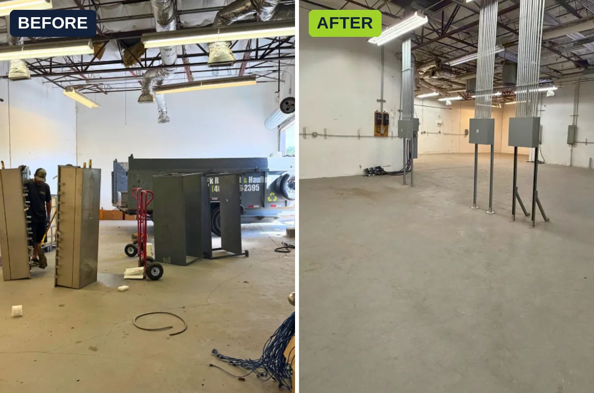 Warehouse equipment cleanout before and after