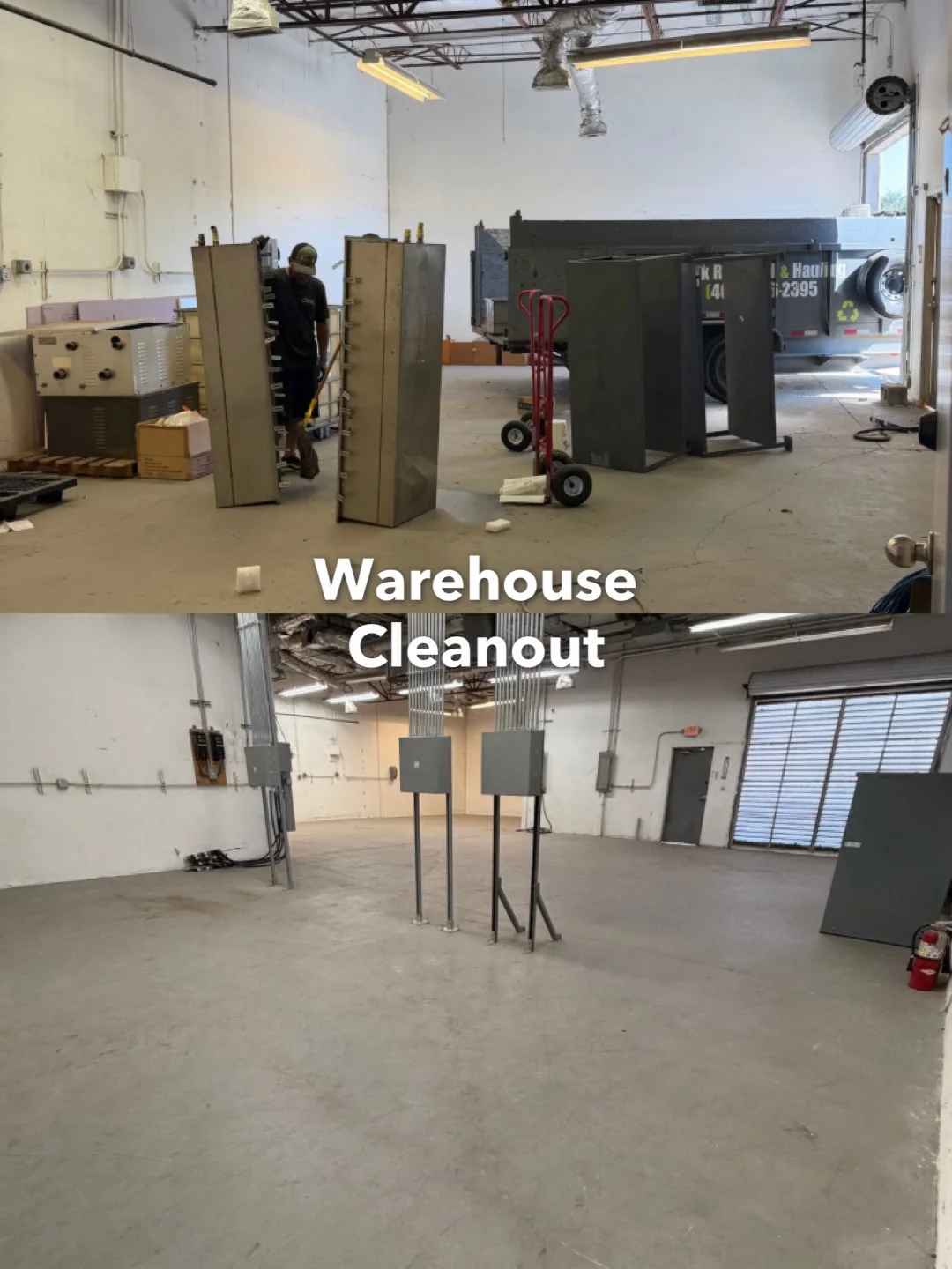 Warehouse cleanout before and after debris removal